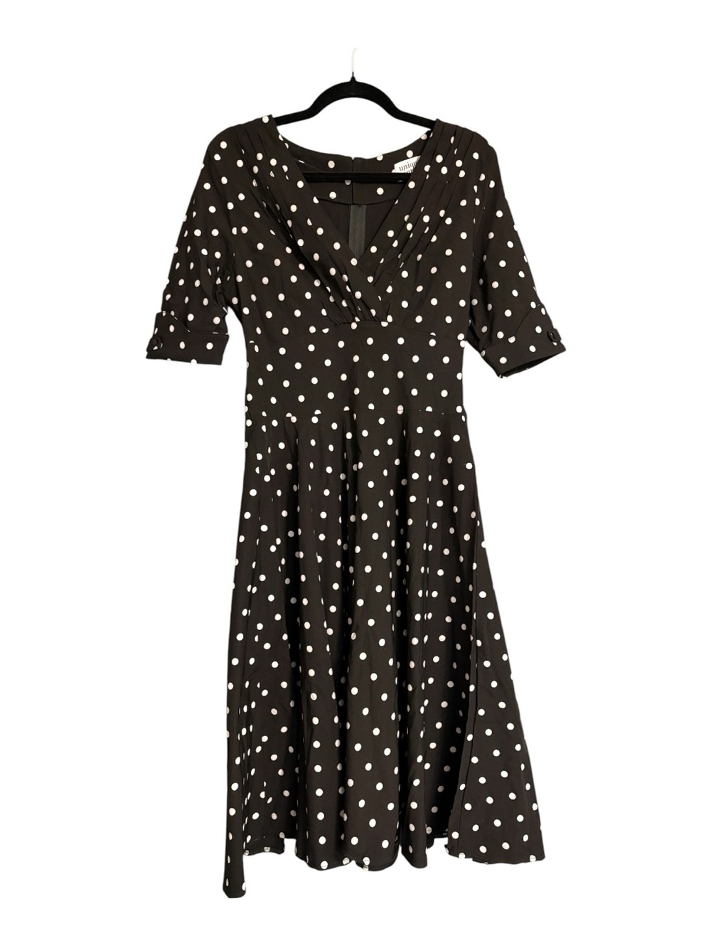 Unique Vintage Black White Polka Dot Fit & Flare Midi Dress L 10-12 Retro Pinup